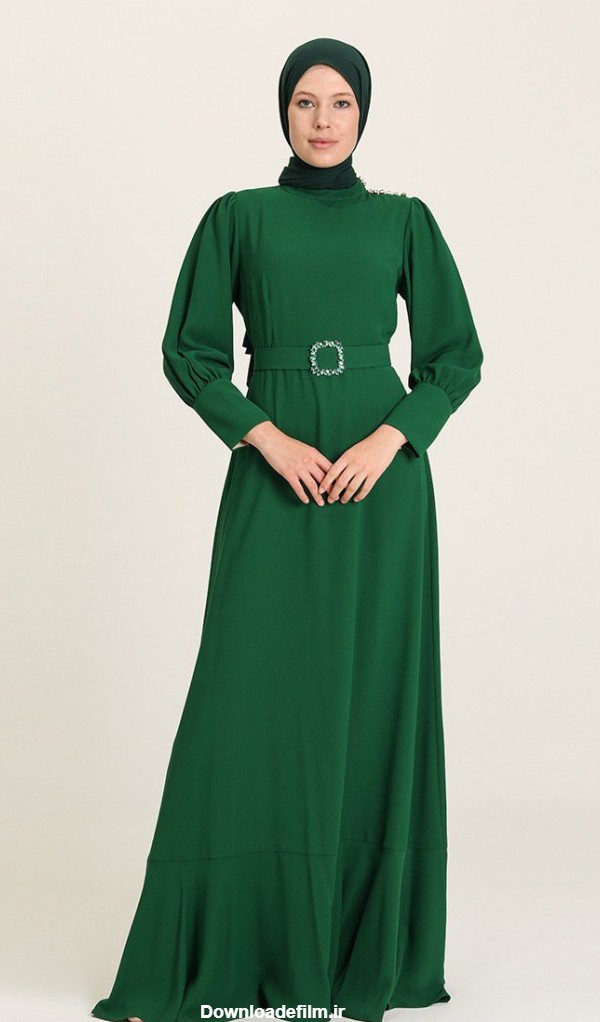 مدل لباس مجلسی با حجاب ساده رنگ سبز