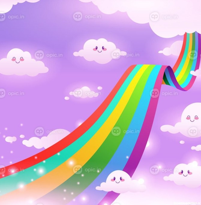 وکتور رنگین کمان رنگارنگ فانتزی با ابرهای کارتونی در آسمان بنفش ...