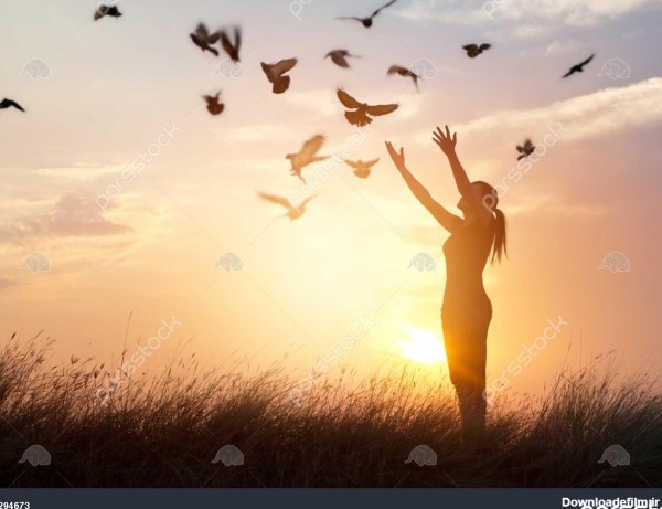 زن در حال دعا و پرنده آزاد که از طبیعت در پس زمینه غروب آفتاب لذت ...