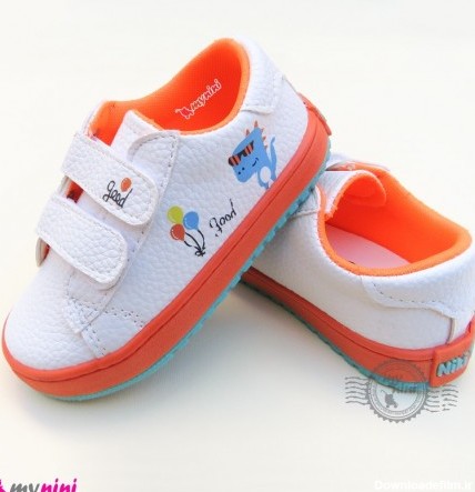 کفش اسپرت بچگانه دایناسور سفید نارنجی Baby shoes