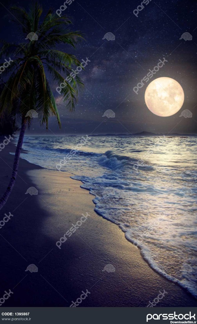 ساحل زیبای فانتزی گرمسیری با ستاره شیری در آسمان شب ماه کامل ...