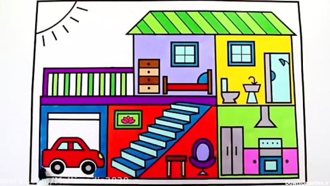 آموزش نقاشی خانه و داخل آن برای کودکان.