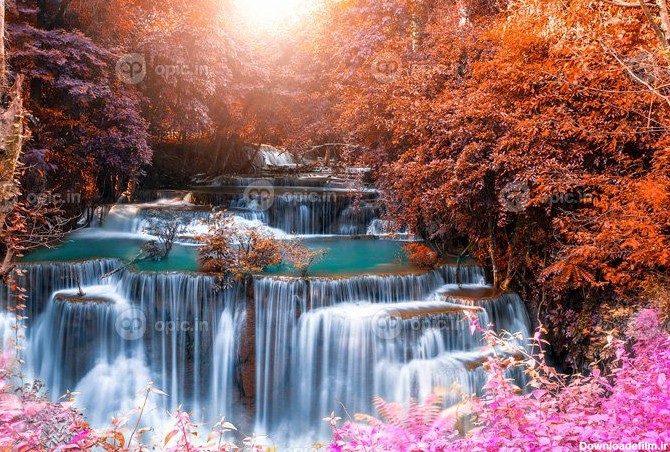دانلود عکس آبشار زیبا از طبیعت جنگل های رنگارنگ عمیق | اوپیک