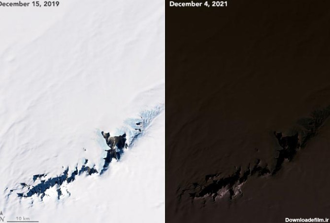 مقایسه‌ی تصویر کوه‌های یخی پنساکولا در حالت عادی و زمان خورشیدگرفتگی