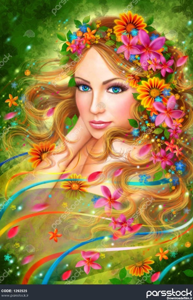 بهار فانتزی پری زیبا زن با گل های تابستانی طبیعت مد پرتره 1292525