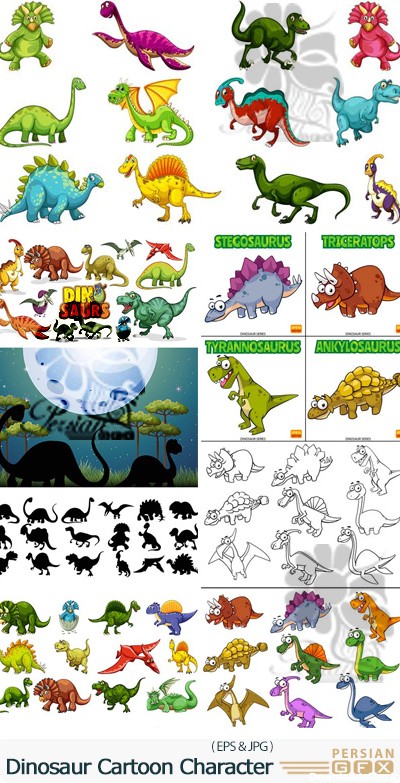 دانلود وکتور کاراکترهای کارتونی دایناسور - Dinosaur Cartoon Character