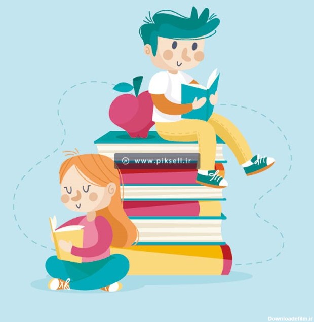 فایل لایه باز تصویر کارتونی با موضوع دختر و پسر در حال مطالعه کتاب