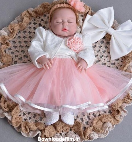 لباس نوزادی دخترانه مجلسی سفید و صورتی با دامن توری