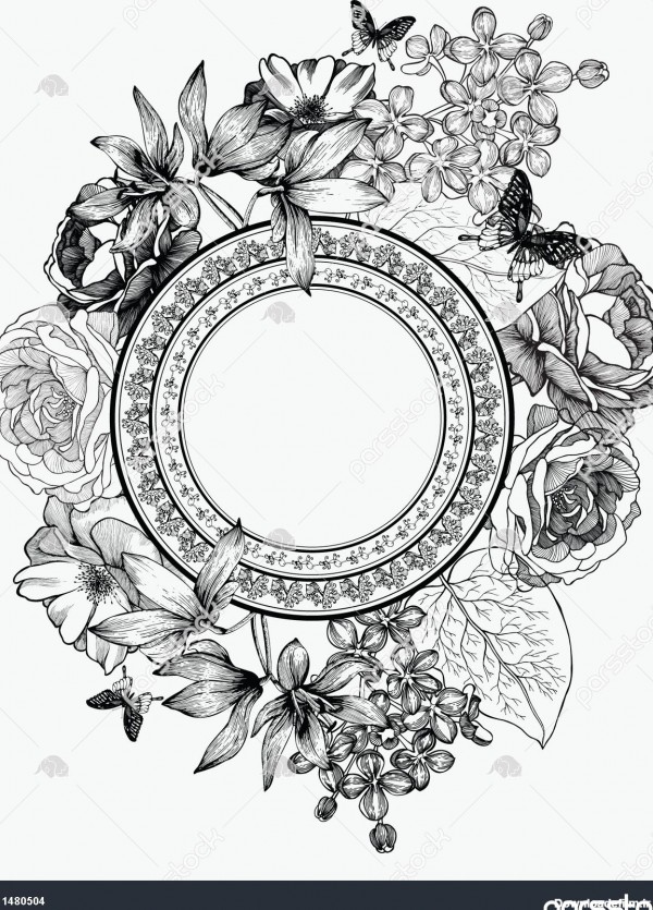 تصویر برداری سیاه و سفید قاب با گل و پروانه طراحی دستی 1480504