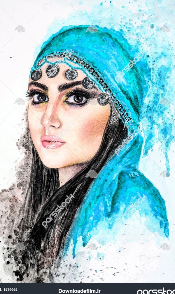 دختر روستایی با لباس سنتی آبی نقاشی آبرنگ 1530055