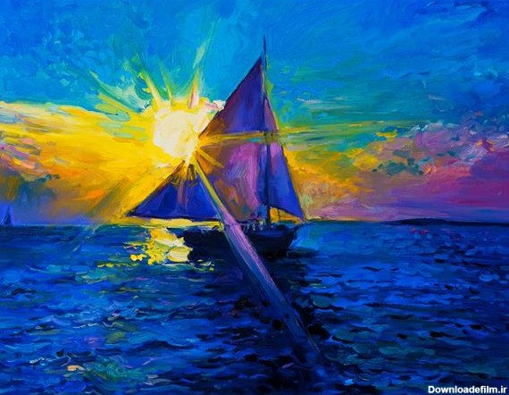 نقاشی آسمان افتابی و قایق روی دریا