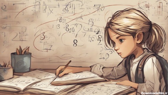 تصویر گرافیکی یک دختر دانش آموز در حال نوشتن و فکر کردن با پس زمینه اعداد (تصویر تزئینی مطلب ضرب اعداد اعشاری)
