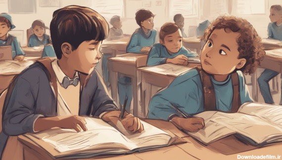 تصویر گرافیکی دو دانش آموز در حال حرف زدن با هم در کلاس (تصویر تزئینی مطلب ضرب اعداد اعشاری)