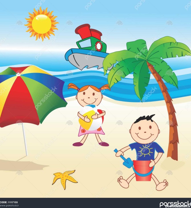 کودکان در ساحل با چتر 1117155