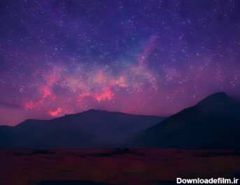 دانلود عکس راه شیری و نور صورتی در کوهستان شب رنگارنگ