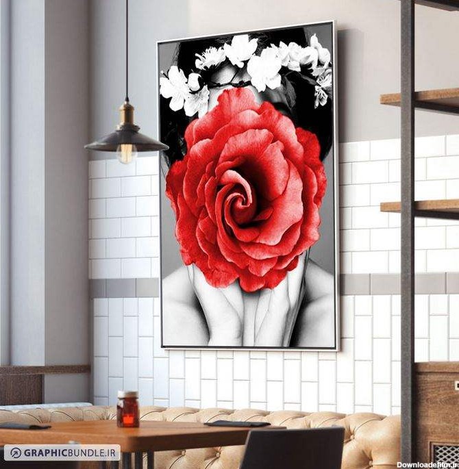 طرح آماده تابلوی عکس از زن با صورت گل های رز قرمز با فرمت jpg
