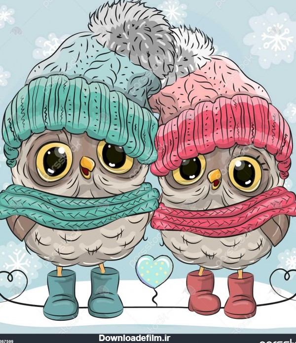 زمستان زیبا تصویر دو جغد پسر و دختر در کلاه و روسری 1367599