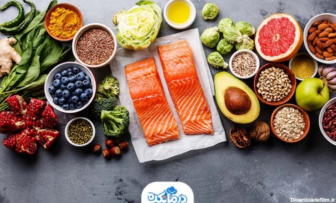 غذاهای سالم شامل ماهی، میوه، سبزی و حبوبات