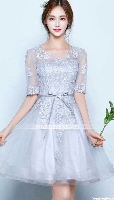 مدل لباس مجلسی عروسکی پفی کوتاه آبی ملایم کره ای