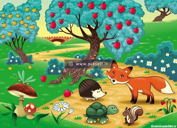 وکتور با طرح کارتونی جنگل نقاشی شده و حیوانات