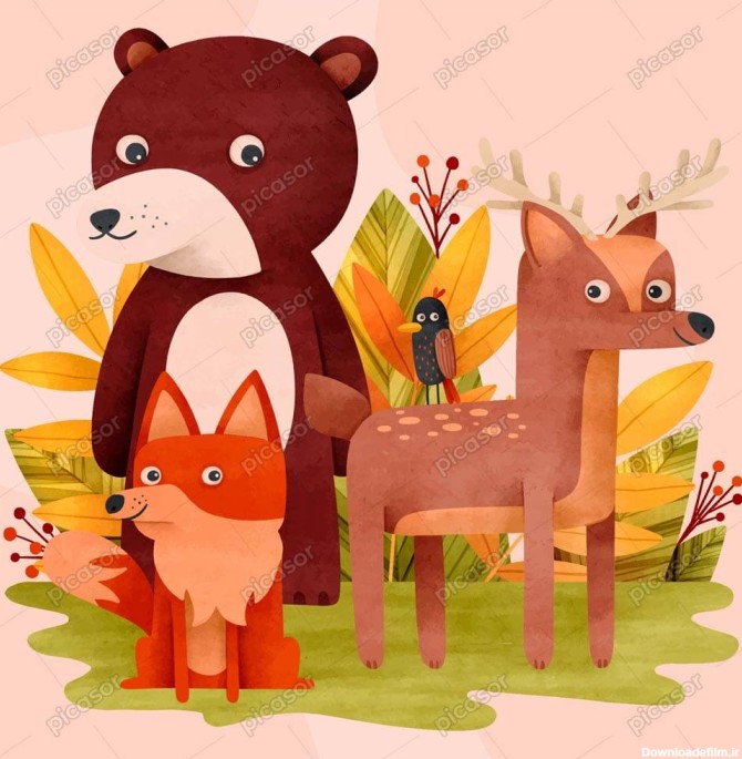 وکتور نقاشی گوزن خرس روباه در جنگل طرح کودکانه - وکتور ...