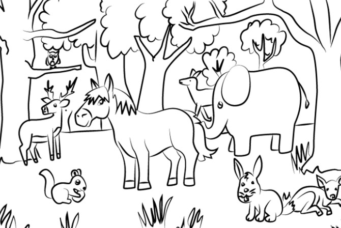 نقاشی کودکانه حیوانات جنگل اهلی و وحشی زیبا، ساده و آسان