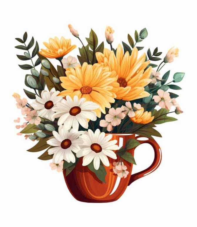 دانلود طرح فنجان قهوه ای و گل های سفید
