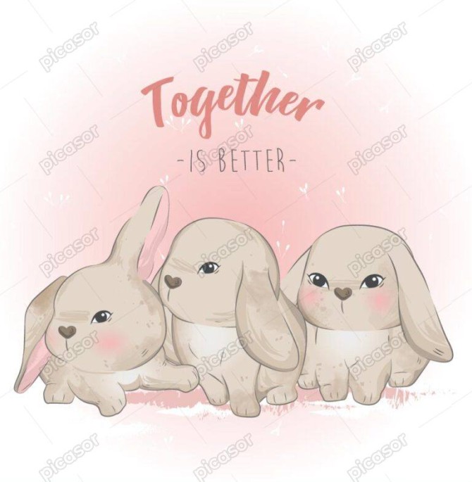 وکتور نقاشی 3 بچه خرگوش بامزه کنار هم - وکتور تصویرسازی کودکانه از بچه خرگوش ها