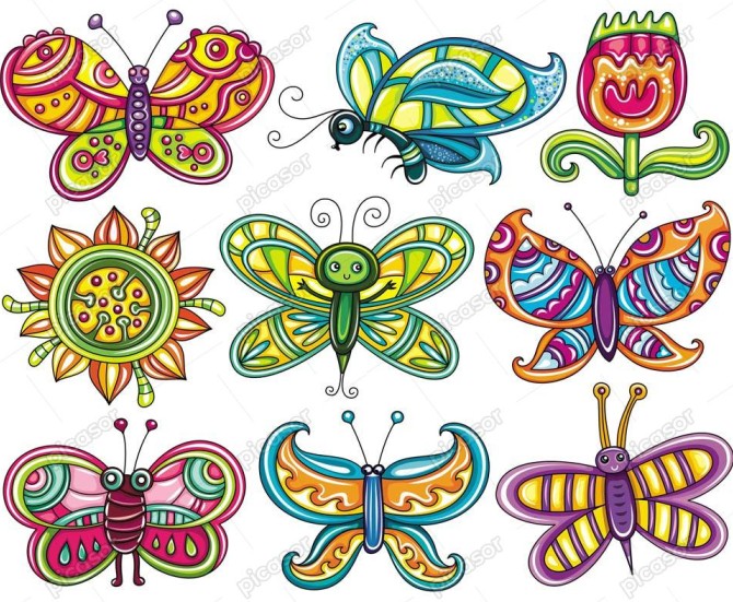 9 وکتور نقاشی پروانه فانتزی کودکانه - وکتور تصویر سازی گل و پروانه ...