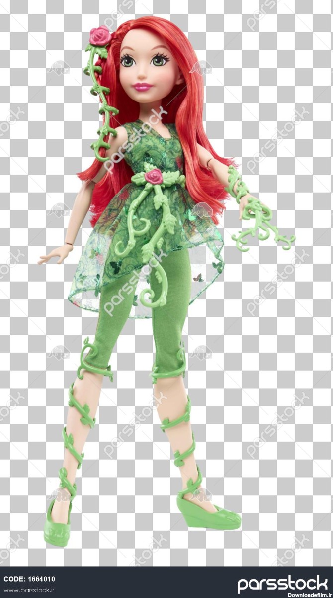 عروسک باربی با موهای قرمز و لباس سبز و گل صورتی روی موهایش 1664010