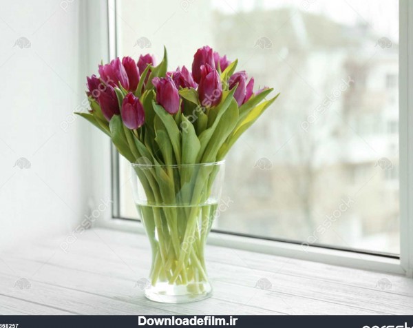 گلدان شیشه ای با دسته گل زیبا لاله در قسمت افقی لبه پنجره 1368257