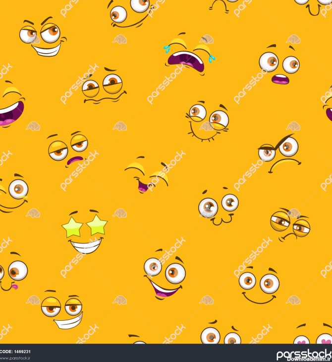 الگوی بدون درز با چهره های کارتونی خنده دار در زمینه زرد بافت ...