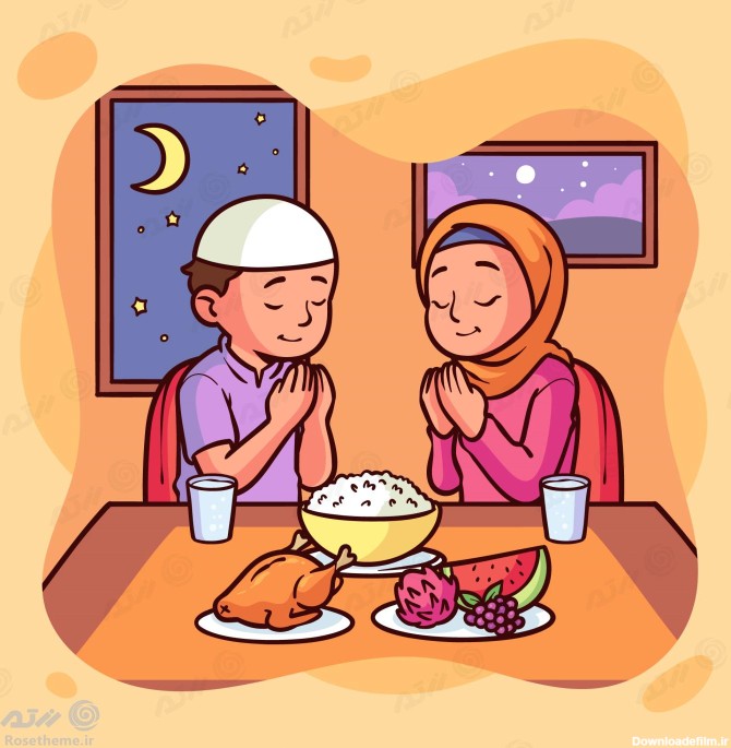 وکتور لایه باز EPS و Ai کارتونی ماه مبارک رمضان شامل زن و مردی در ...