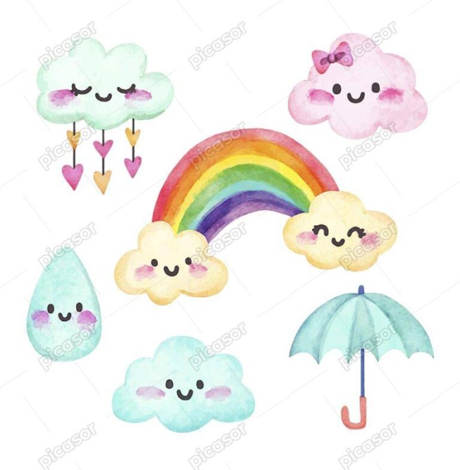 6 وکتور کودکانه از ابر و رنگین کمان چتر و باران طرح نقاشی آبرنگی