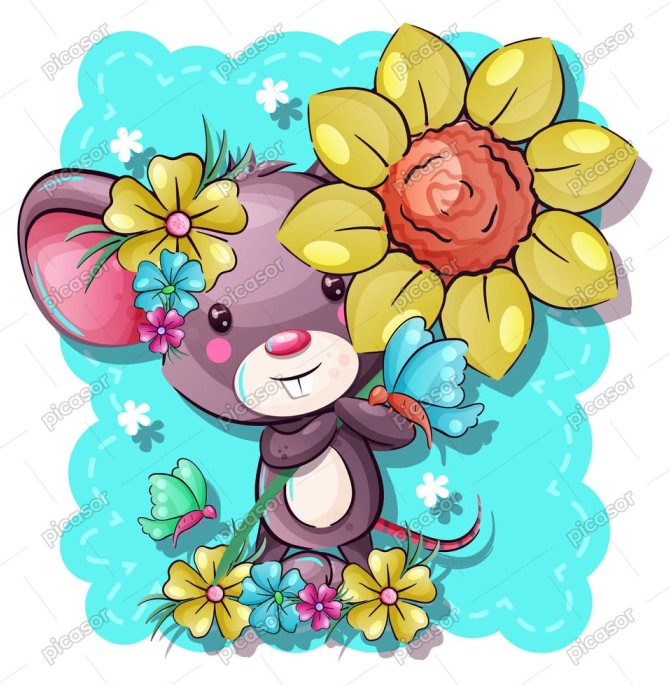 وکتور موش کارتونی با گل و پروانه » پیکاسور
