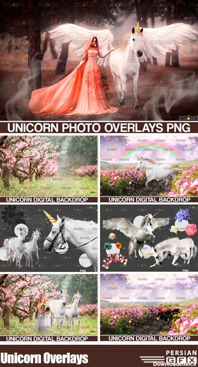 دانلود تصاویر پوششی المان های یونیکورن شامل اسب تک شاخ، گل و ...