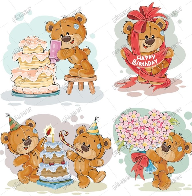 4 وکتور تم تولد خرس کارتونی با کیک و شیرینی - وکتور تولد کودکانه ...