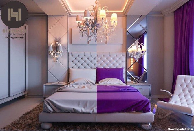 طراحی داخلی اتاق خواب با استفاده از رنگ های سفید و بنفش