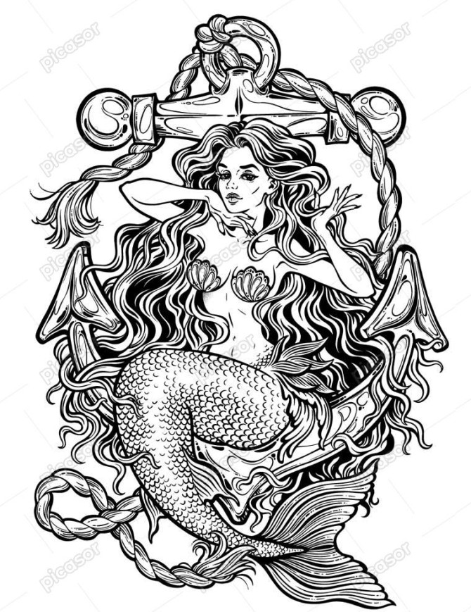 نقاشی وکتور پری دریایی و لنگر تصویرسازی پری دریایی زیبا طرح تتو ...