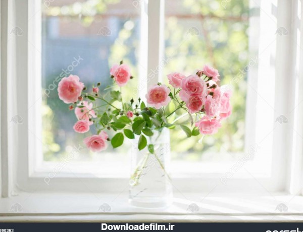 دسته گل رز تابستان در گلدان شیشه ای در نزدیکی پنجره 1390363