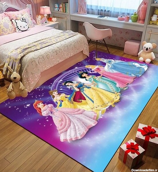 در این تصویر یک فرش کودک دخترانه با طرح شخصیت‌های کارتونی مورد علاقه‌ی دختران را مشاهده می‌کنید.
