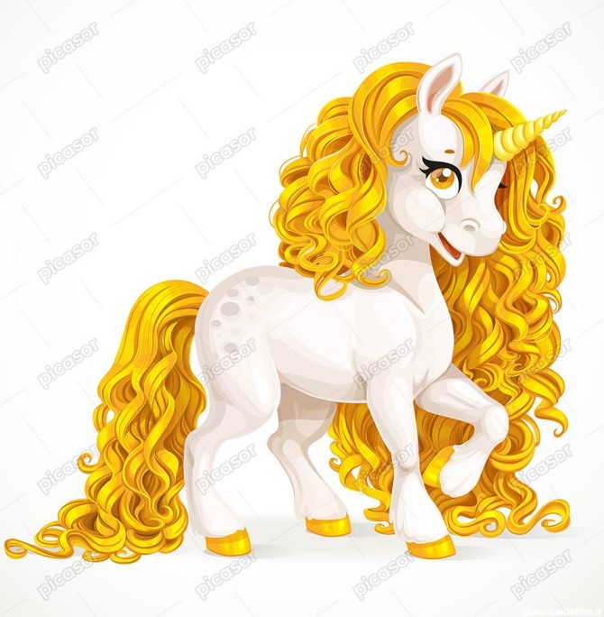 وکتور اسب تک شاخ کارتونی با موهای طلایی » پیکاسور