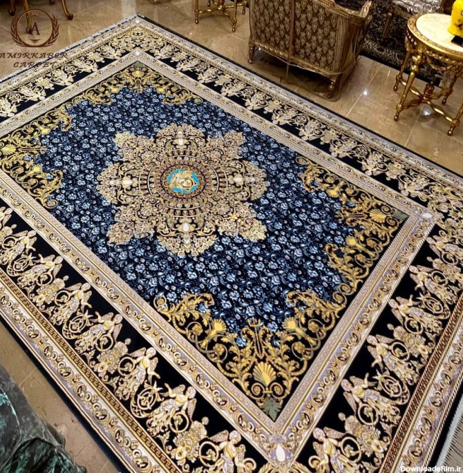 خرید و قیمت فرش ورساچه مشکی طلایی با لچک و زمینه گل | ترب