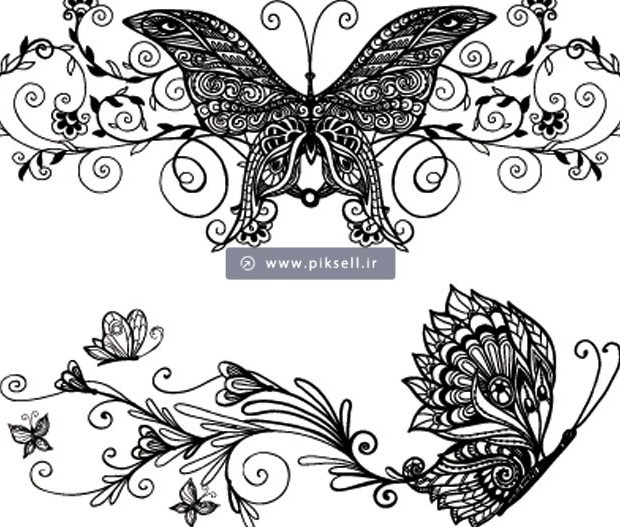فایل وکتور طرح پروانه نقاشی شده سیاه و سفید