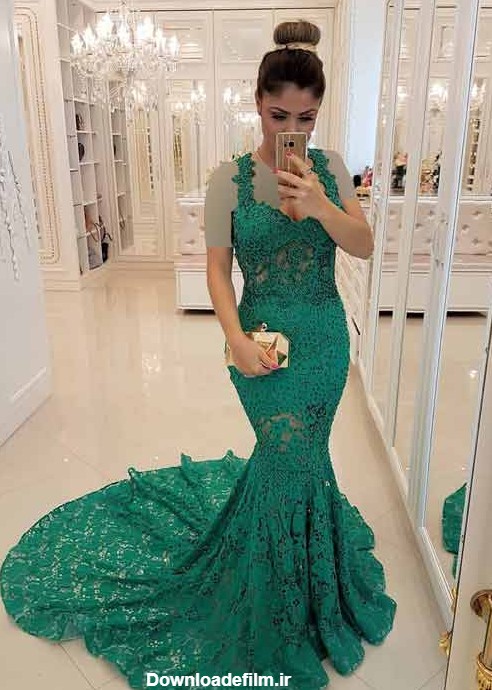 لباس دنباله دار مجلسی ایرانی بسیار زیبای سبز رنگ ۱۴۰۰