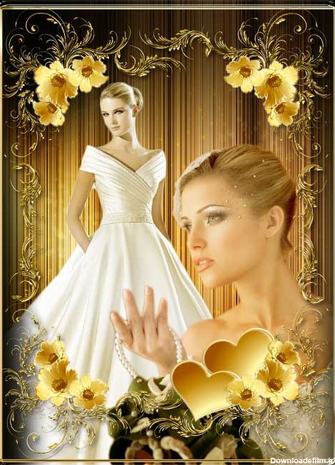 قاب و فریم عکس عروس با حاشیه گل های طلایی زیبا