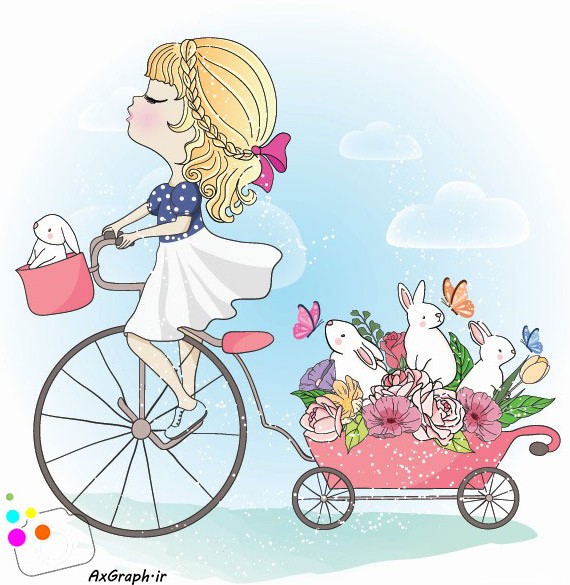 وکتور کودکانه دختر دوچرخه سوار و سبد خرگوش-کد 3233