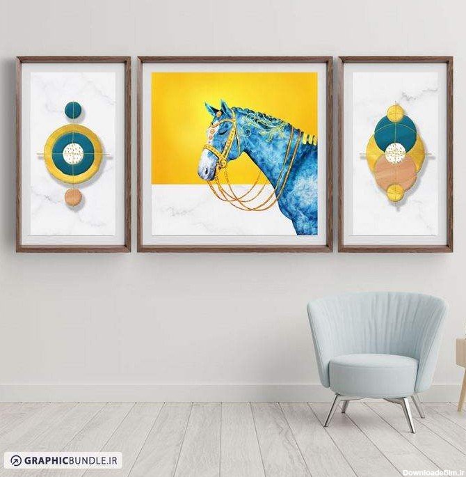 ست سه تابلوی دکوراتیو نقاشی با طرح اسب آبی و المان های فانتزی هندسی