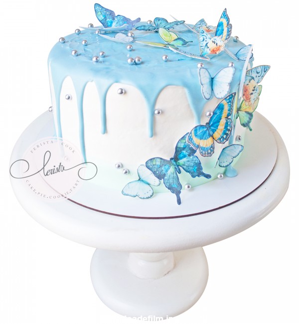 کیک تولد زنانه آبی طرح پروانه | کیک و شیرینی فریستا