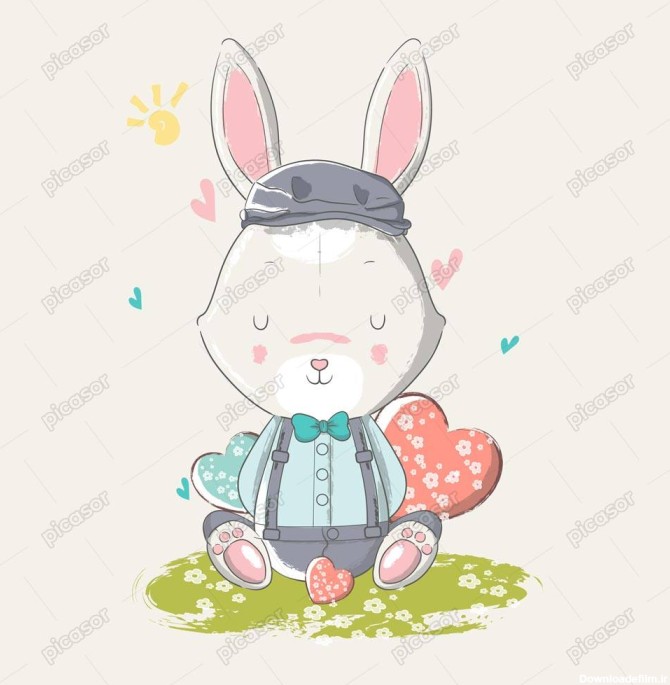 وکتور نقاشی بچه خرگوش کنار قلب - وکتور تصویرسازی کودکانه از بچه ...